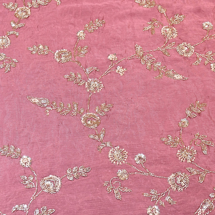 Onion Pink Color Chinon Fabric with Heavy Cut Dana, Pearl & Sequins Embroidery – Designer Fabric- V2511C-4