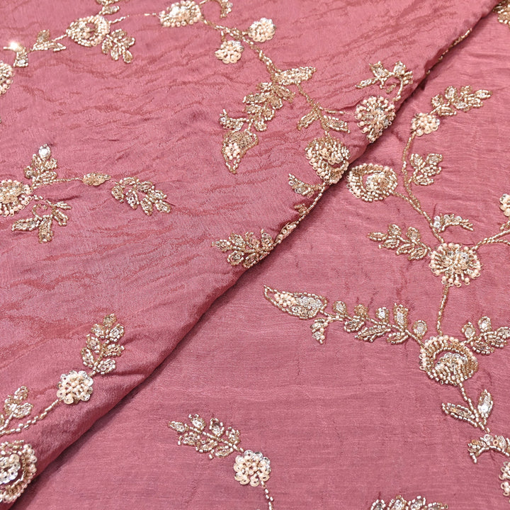 Onion Pink Color Chinon Fabric with Heavy Cut Dana, Pearl & Sequins Embroidery – Designer Fabric- V2511C-4