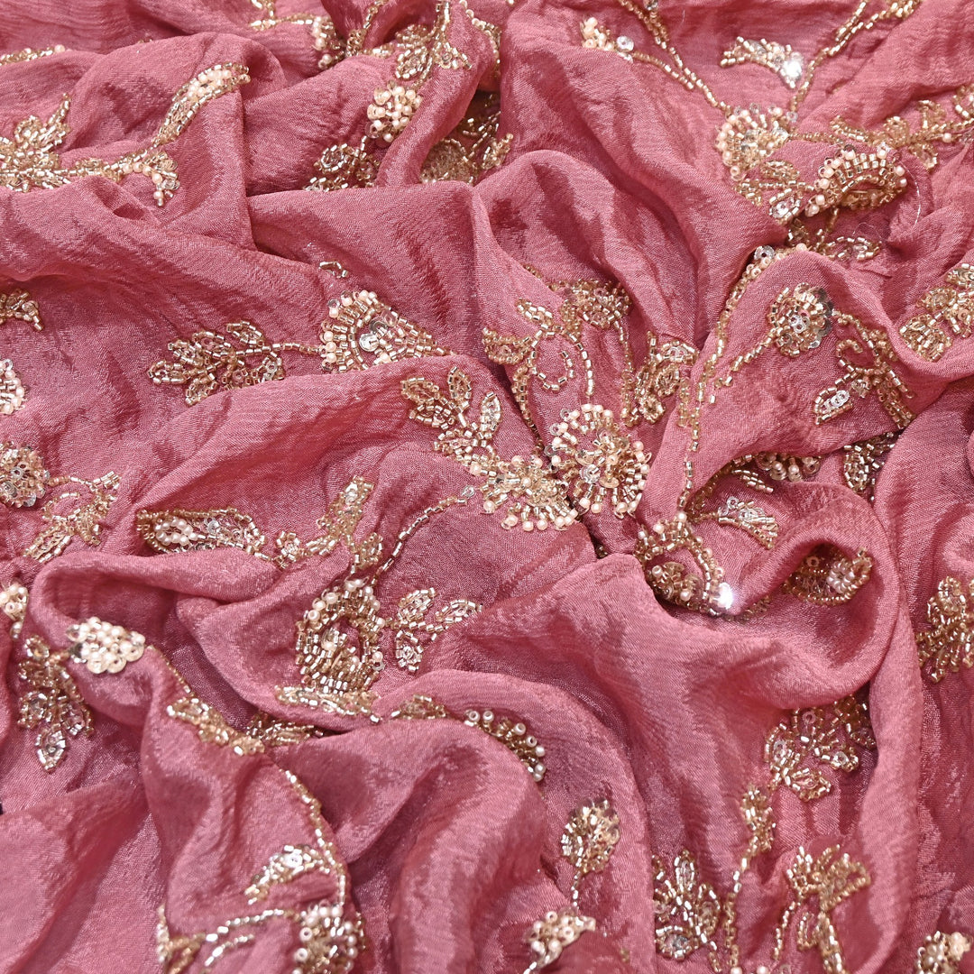 Onion Pink Color Chinon Fabric with Heavy Cut Dana, Pearl & Sequins Embroidery – Designer Fabric- V2511C-4