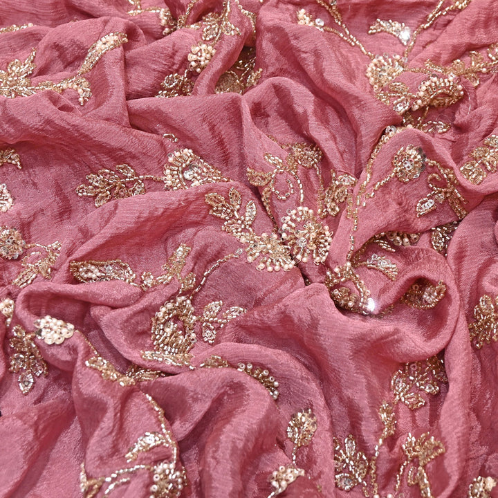 Onion Pink Color Chinon Fabric with Heavy Cut Dana, Pearl & Sequins Embroidery – Designer Fabric- V2511C-4