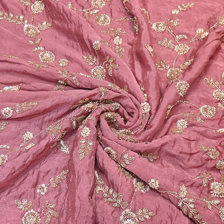 Onion Pink Color Chinon Fabric with Heavy Cut Dana, Pearl & Sequins Embroidery – Designer Fabric- V2511C-4