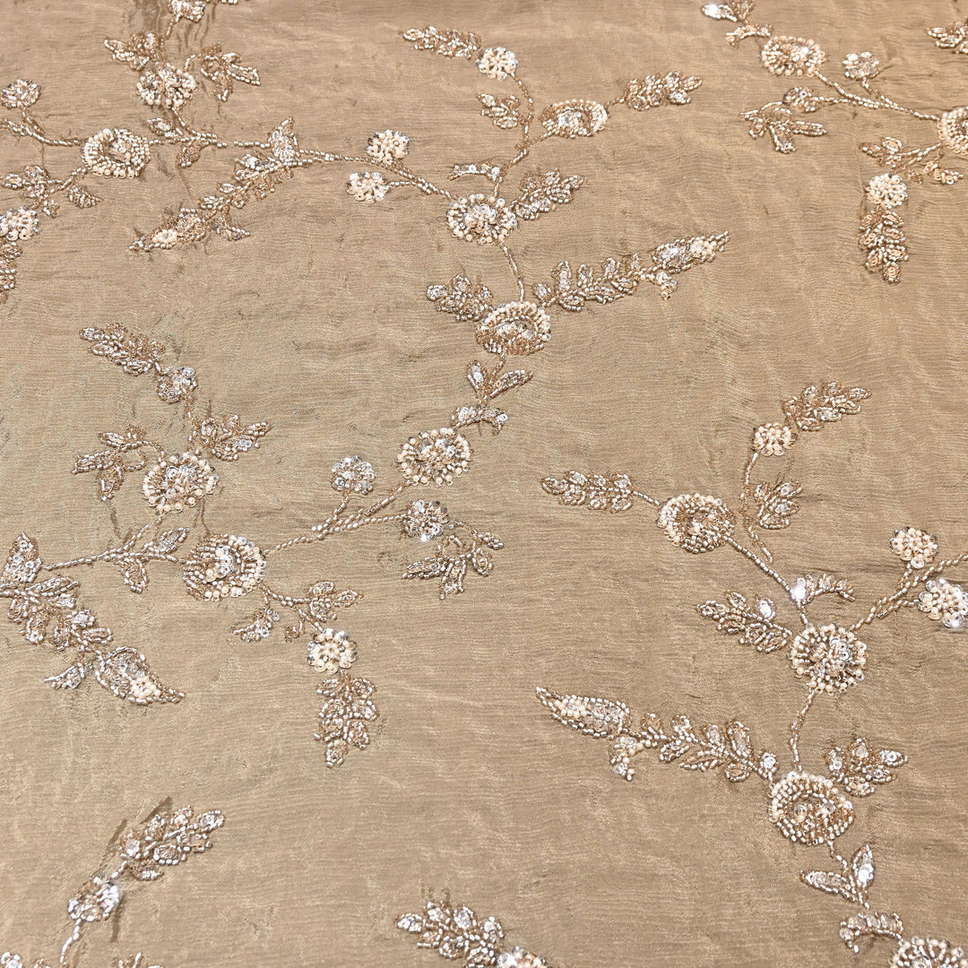 Beige Color Chinon Fabric with Heavy Cut Dana, Pearl & Sequins Embroidery – Designer Fabric- V2511C-5
