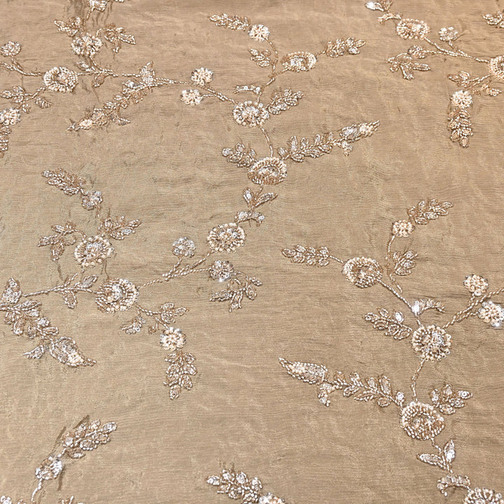 Beige Color Chinon Fabric with Heavy Cut Dana, Pearl & Sequins Embroidery – Designer Fabric- V2511C-5