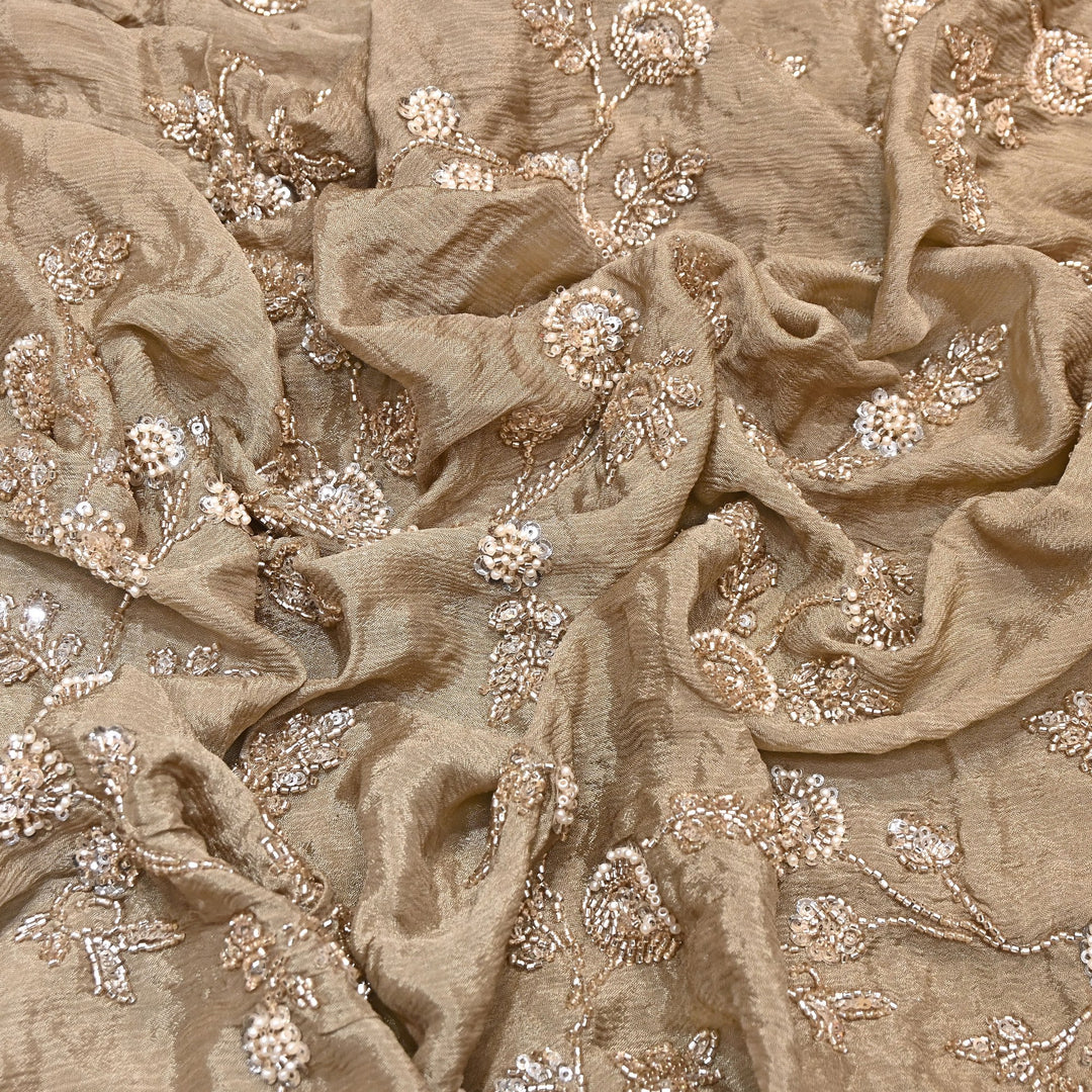 Beige Color Chinon Fabric with Heavy Cut Dana, Pearl & Sequins Embroidery – Designer Fabric- V2511C-5