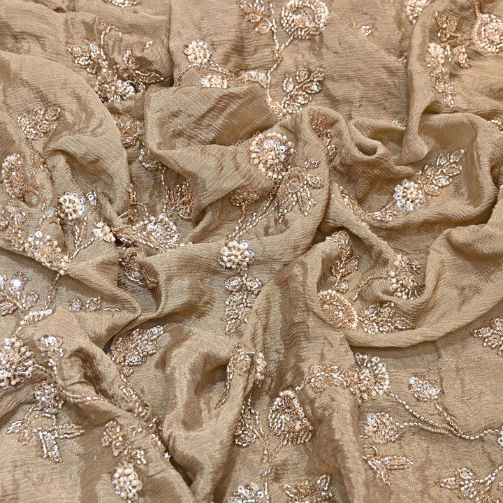 Beige Color Chinon Fabric with Heavy Cut Dana, Pearl & Sequins Embroidery – Designer Fabric- V2511C-5