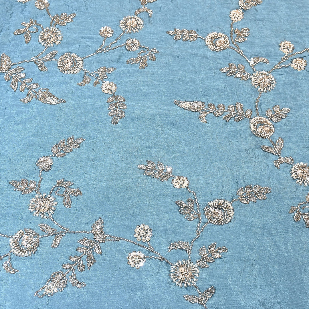 Steel Blue Color Chinon Fabric with Heavy Cut Dana, Pearl & Sequins Embroidery – Designer Fabric- V2511C-6