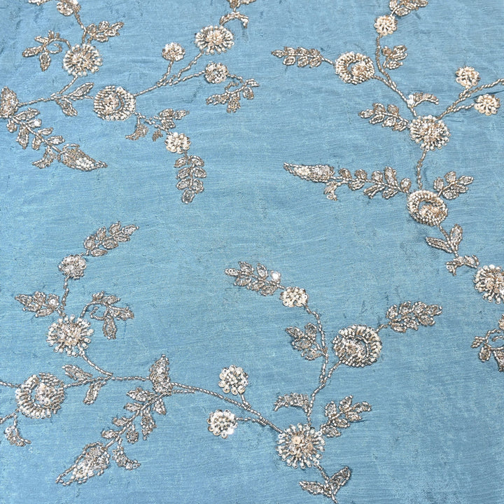 Steel Blue Color Chinon Fabric with Heavy Cut Dana, Pearl & Sequins Embroidery – Designer Fabric- V2511C-6