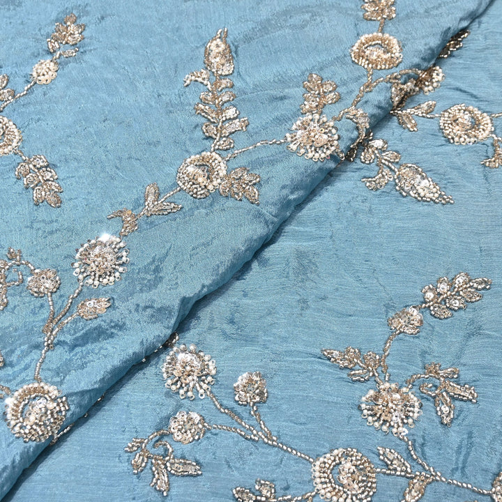 Steel Blue Color Chinon Fabric with Heavy Cut Dana, Pearl & Sequins Embroidery – Designer Fabric- V2511C-6