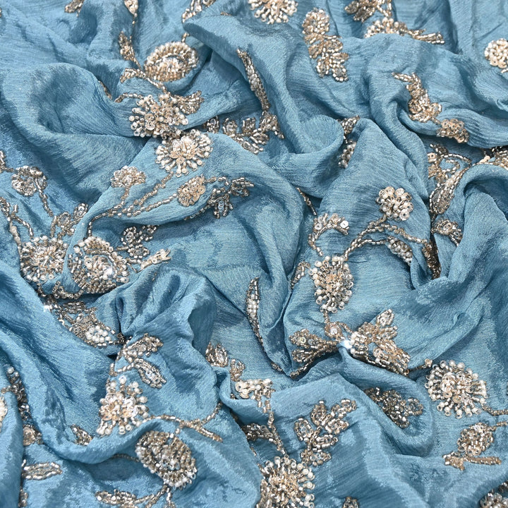 Steel Blue Color Chinon Fabric with Heavy Cut Dana, Pearl & Sequins Embroidery – Designer Fabric- V2511C-6