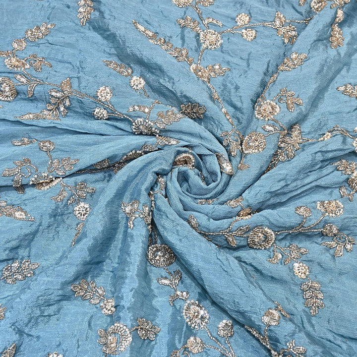 Steel Blue Color Chinon Fabric with Heavy Cut Dana, Pearl & Sequins Embroidery – Designer Fabric- V2511C-6