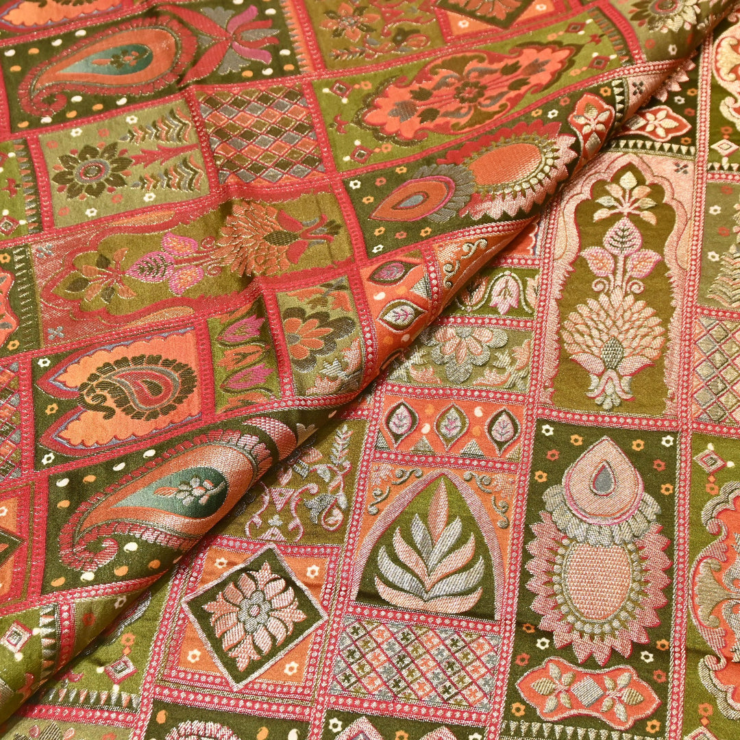Luxury Gajji Satin Position Print Zari Jacquard Fabric 44" – Premium Designer Fabric- C11322-1