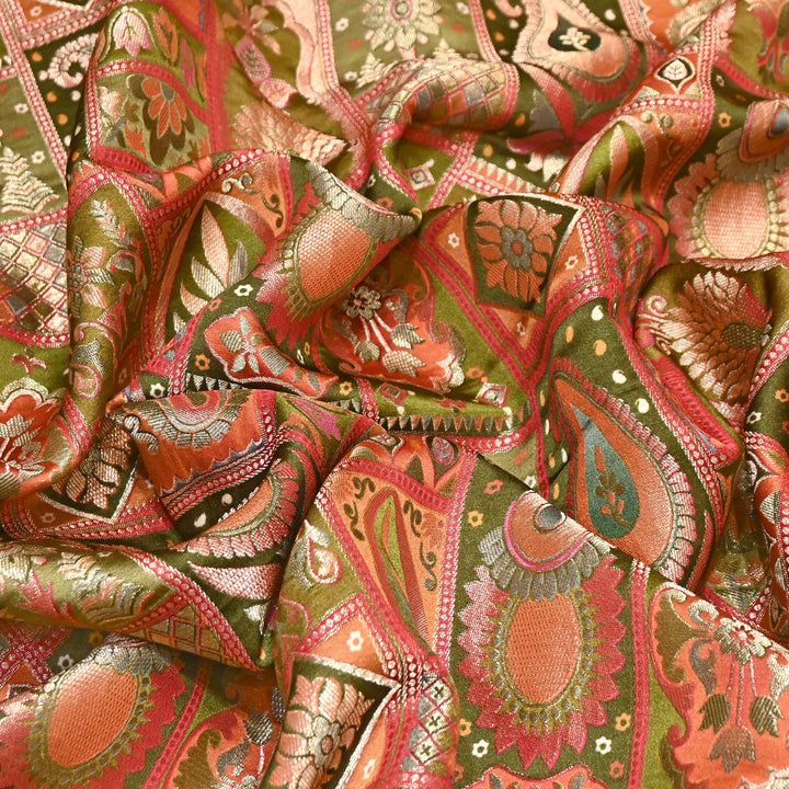 Luxury Gajji Satin Position Print Zari Jacquard Fabric 44" – Premium Designer Fabric- C11322-1