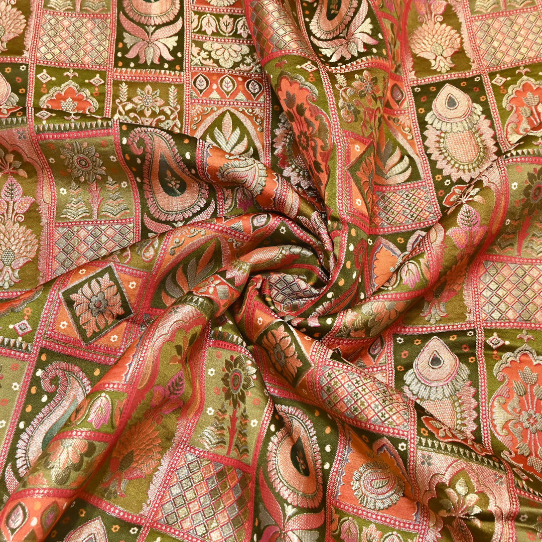 Luxury Gajji Satin Position Print Zari Jacquard Fabric 44" – Premium Designer Fabric- C11322-1