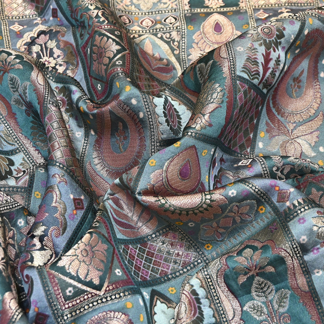 Luxury Gajji Satin Position Print Zari Jacquard Fabric 44" – Premium Designer Fabric- C11322-3