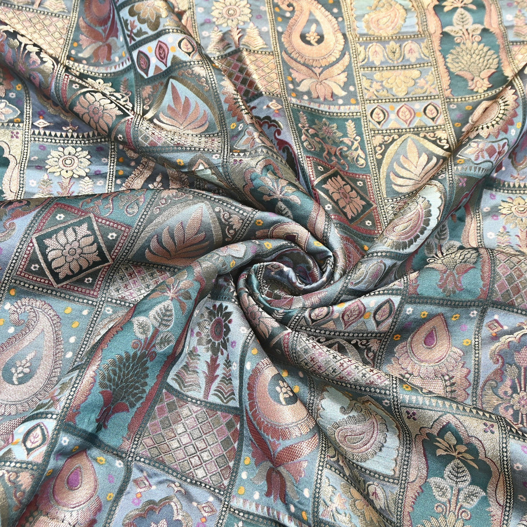 Luxury Gajji Satin Position Print Zari Jacquard Fabric 44" – Premium Designer Fabric- C11322-3