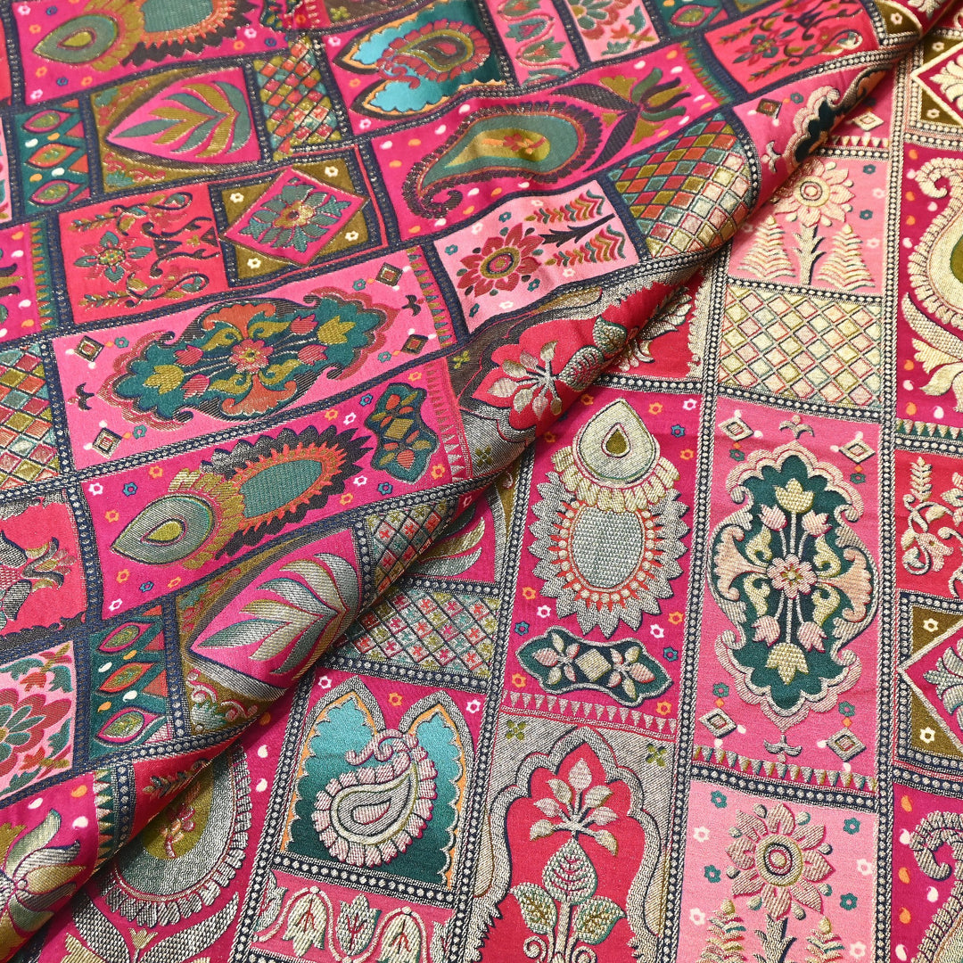 Luxury Gajji Satin Position Print Zari Jacquard Fabric 44" – Premium Designer Fabric- C11322-5