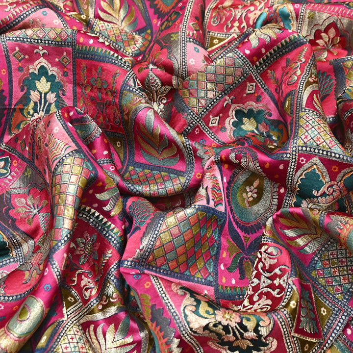 Luxury Gajji Satin Position Print Zari Jacquard Fabric 44" – Premium Designer Fabric- C11322-5