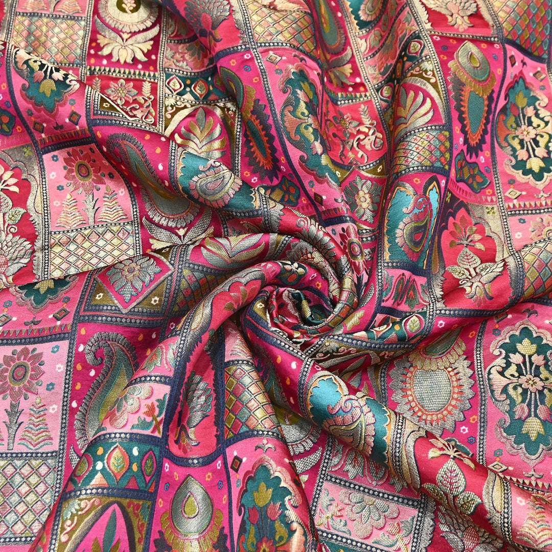 Luxury Gajji Satin Position Print Zari Jacquard Fabric 44" – Premium Designer Fabric- C11322-5