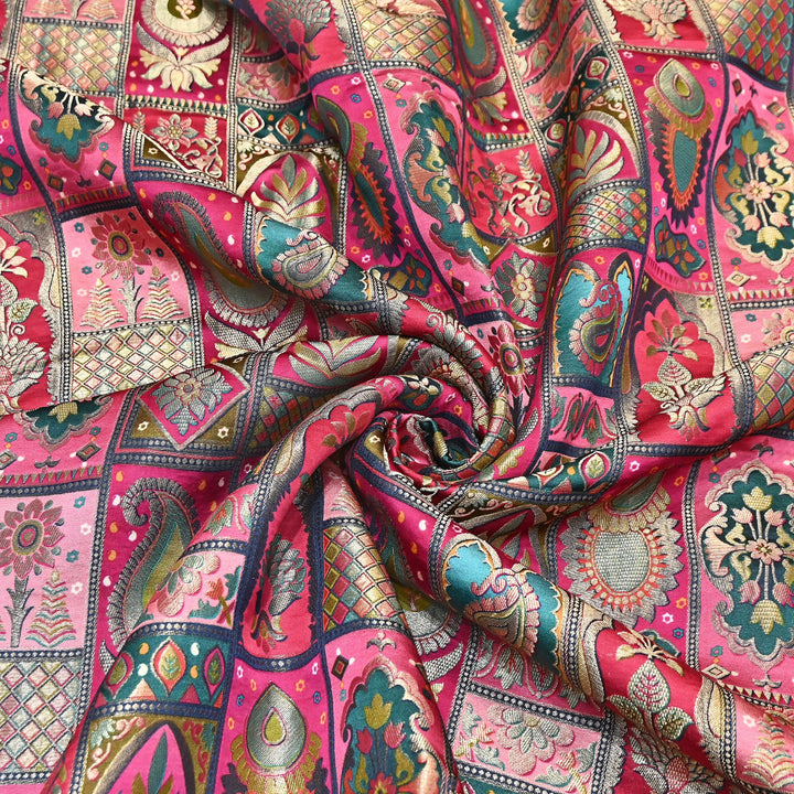 Luxury Gajji Satin Position Print Zari Jacquard Fabric 44" – Premium Designer Fabric- C11322-5