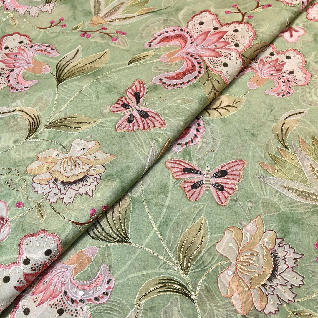 Premium Viscose Organza Digital Print Fabric with Sequins Embroidery | Designer Fabric- KTE537-1