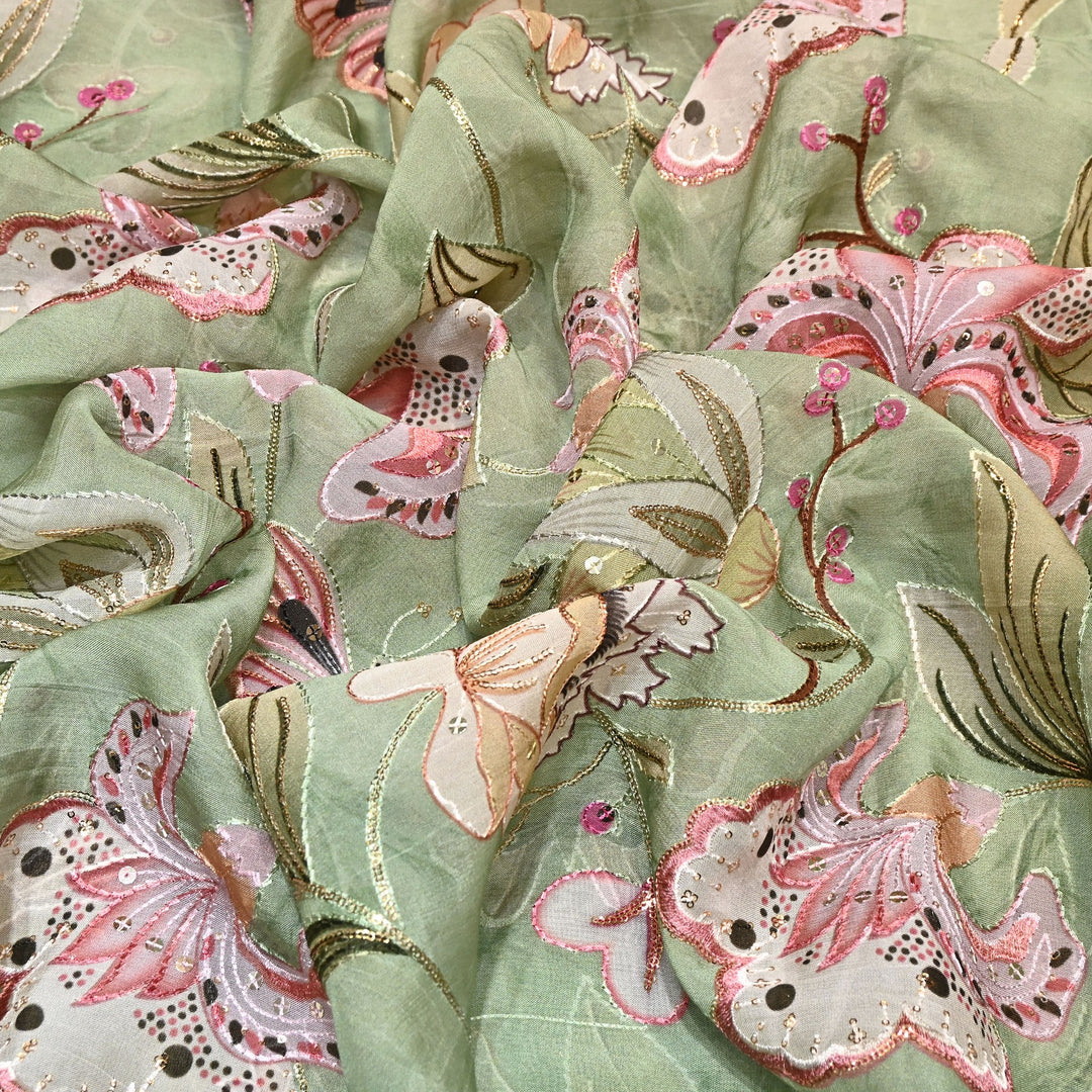 Premium Viscose Organza Digital Print Fabric with Sequins Embroidery | Designer Fabric- KTE537-1