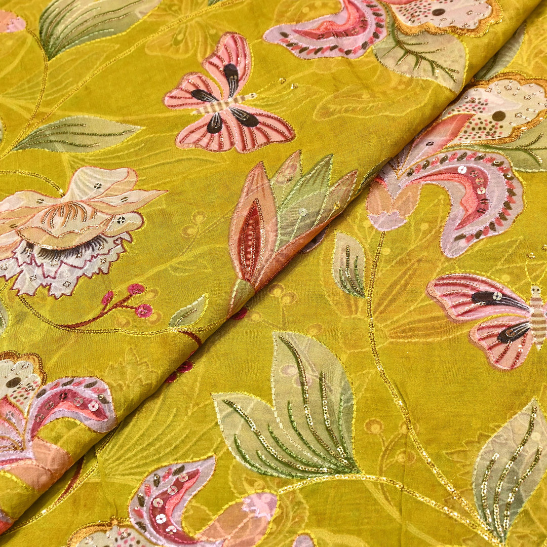 Premium Viscose Organza Digital Print Fabric with Sequins Embroidery | Designer Fabric- KTE537-2