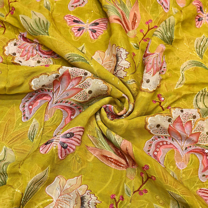 Premium Viscose Organza Digital Print Fabric with Sequins Embroidery | Designer Fabric- KTE537-2