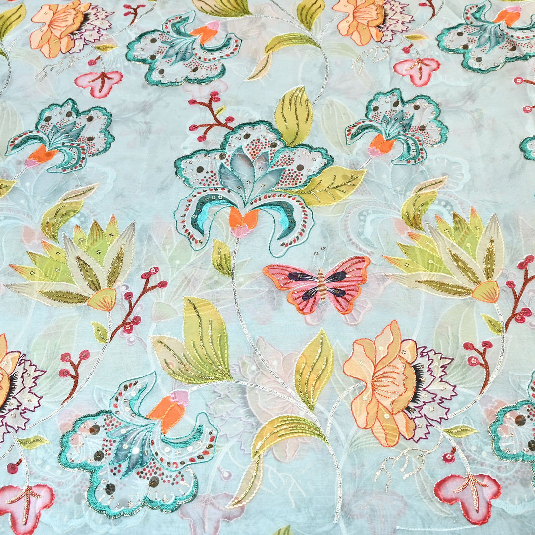 Premium Viscose Organza Digital Print Fabric with Sequins Embroidery | Designer Fabric- KTE537-3