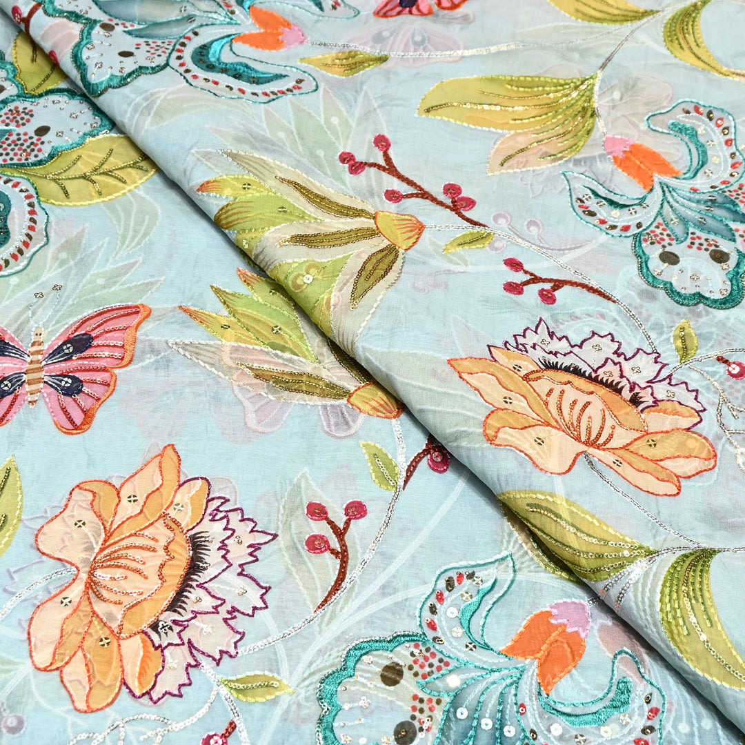 Premium Viscose Organza Digital Print Fabric with Sequins Embroidery | Designer Fabric- KTE537-3