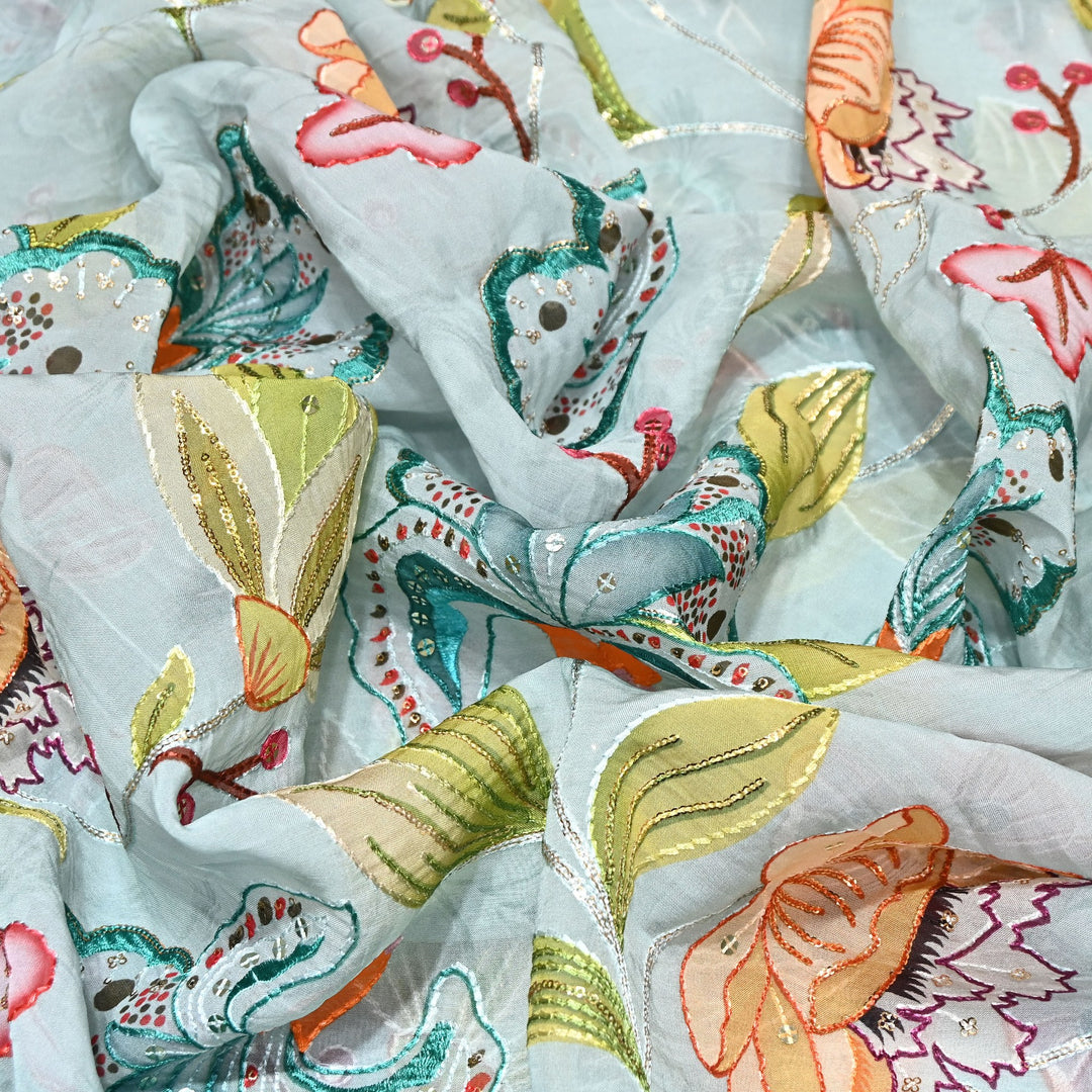 Premium Viscose Organza Digital Print Fabric with Sequins Embroidery | Designer Fabric- KTE537-3