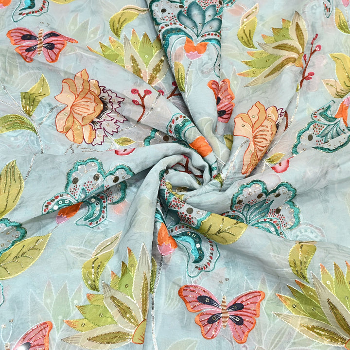 Premium Viscose Organza Digital Print Fabric with Sequins Embroidery | Designer Fabric- KTE537-3