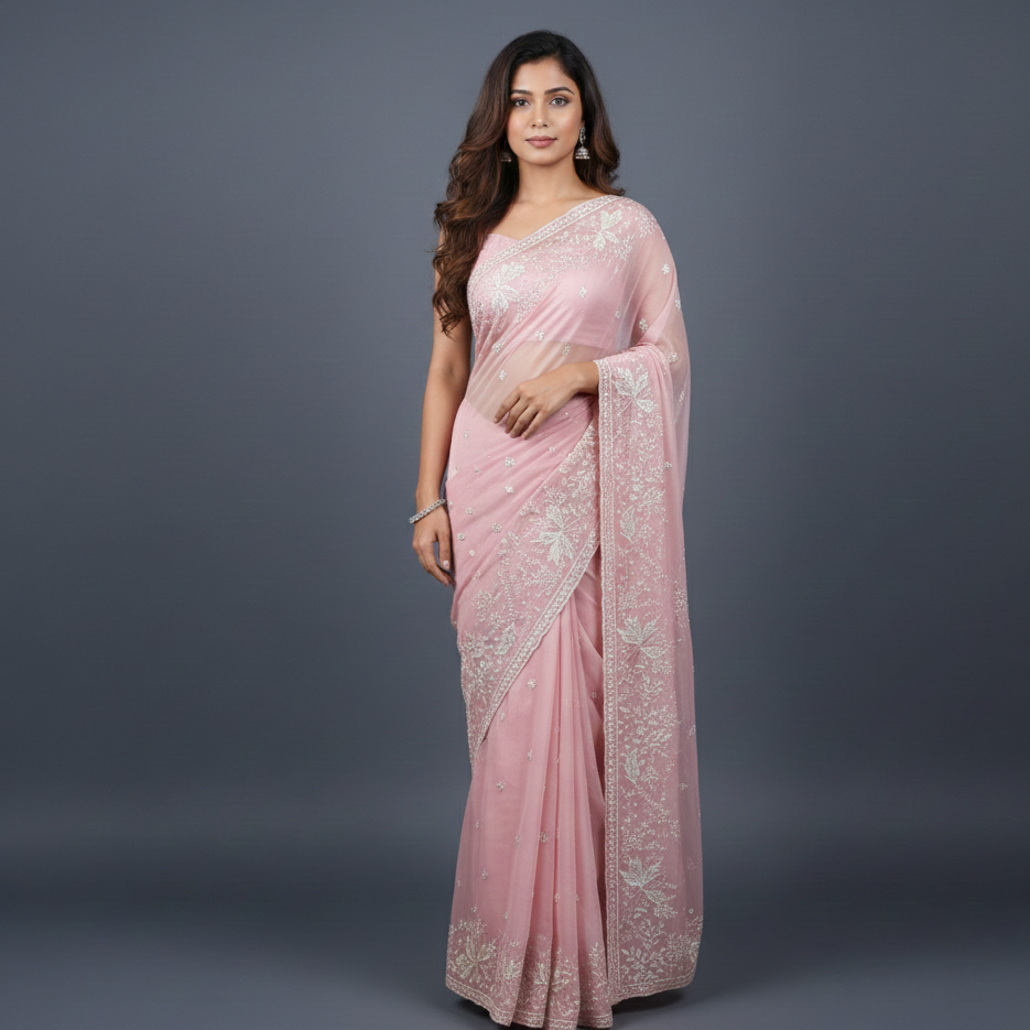 Rose Pink Pure Tissue Handwork Saree