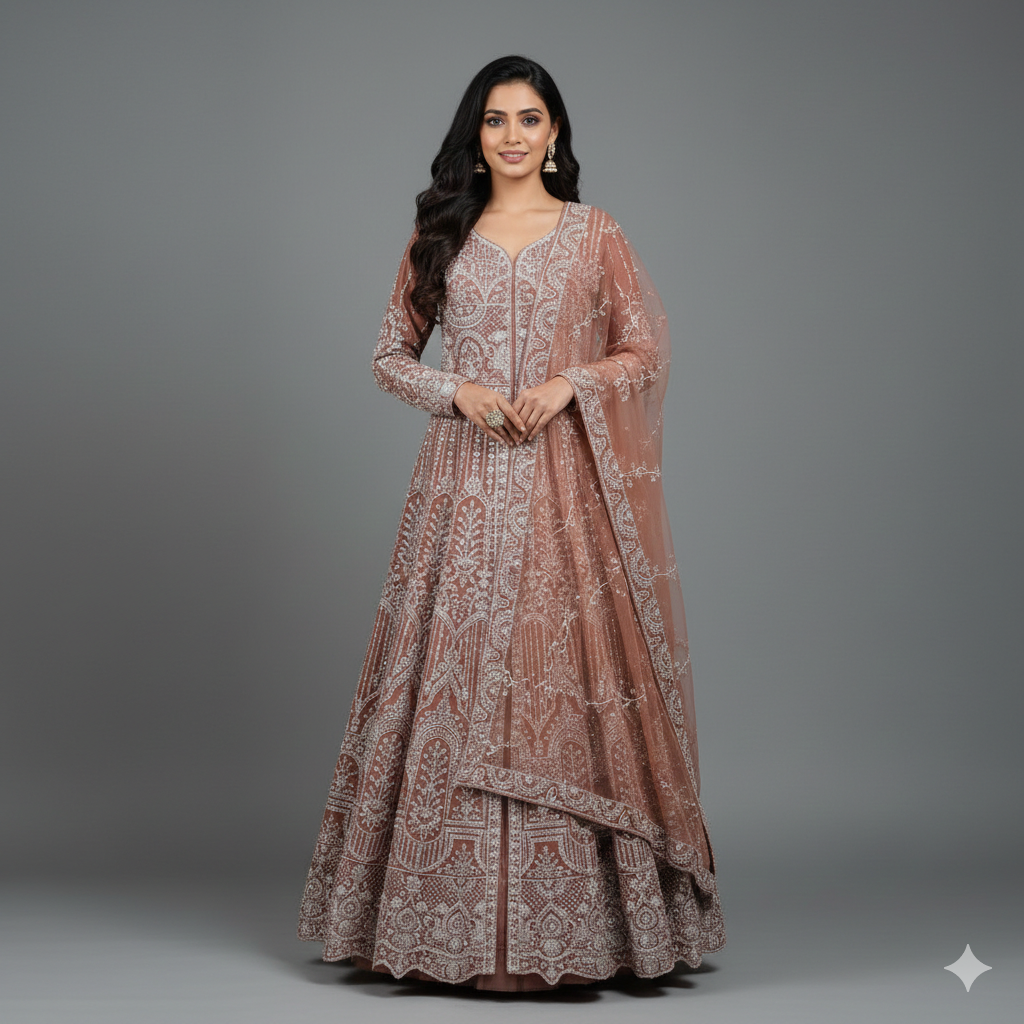 Metallic Bronze Designer Bridal Dress with Heavy Zari, Cutdana and Hand Embroidery