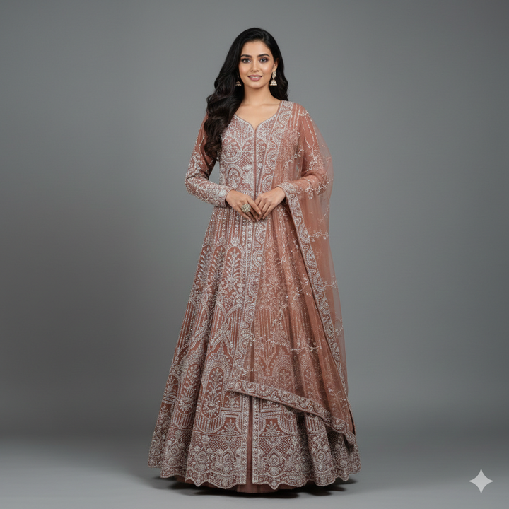 Metallic Bronze Designer Bridal Dress with Heavy Zari, Cutdana and Hand Embroidery