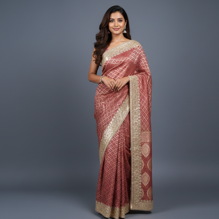 Maroon Bandhej Georgette Saree with Gotta Patti Border