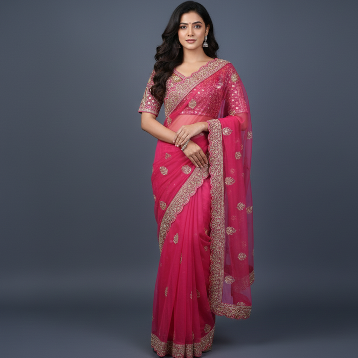 Ruhani Magenta Net Saree with Raw Silk Handwork Embroidery Blouse