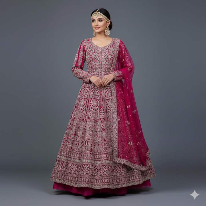 Deep Magenta Designer Farshi Bridal Dress with Heavy Zari, Sequins, Cutdana and Hand Embroidery