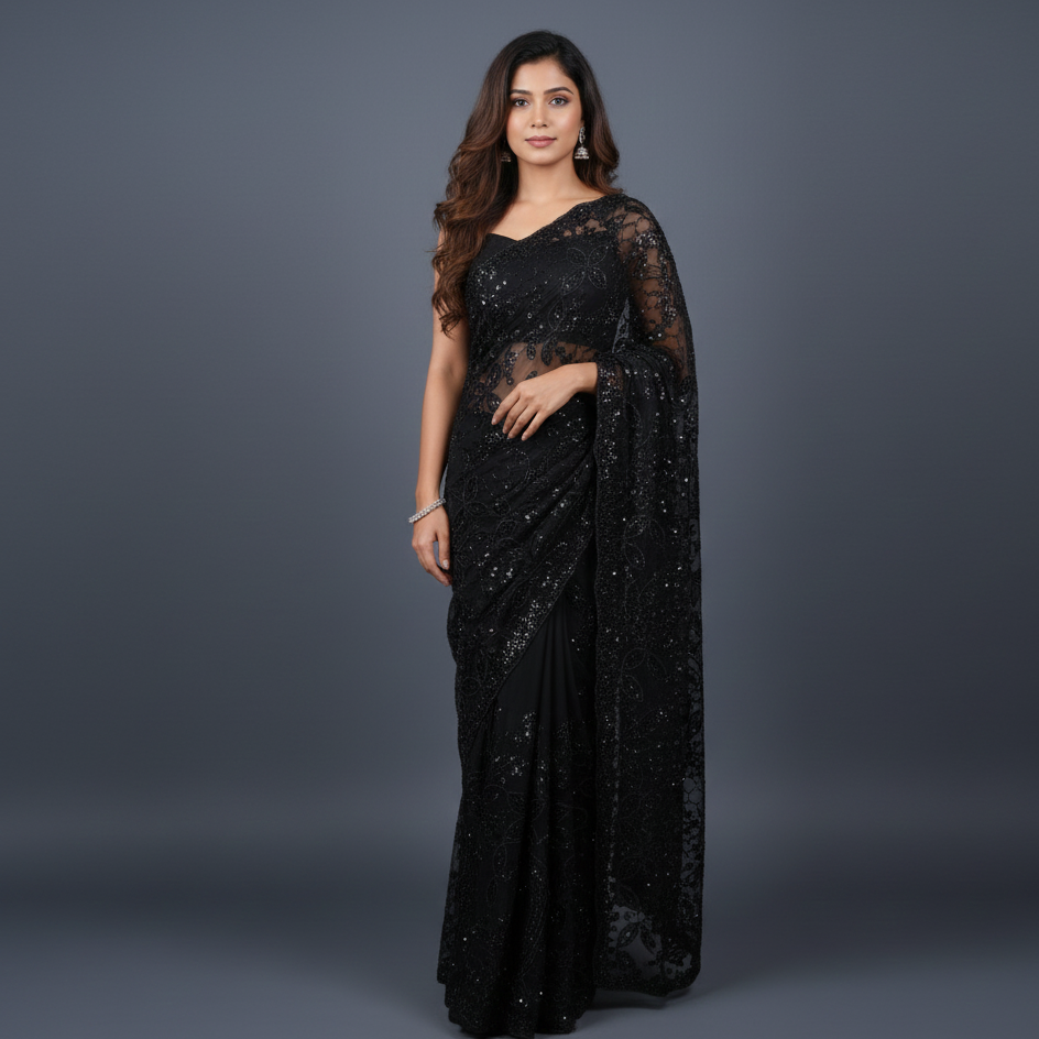 Classic Black Designer Net Saree