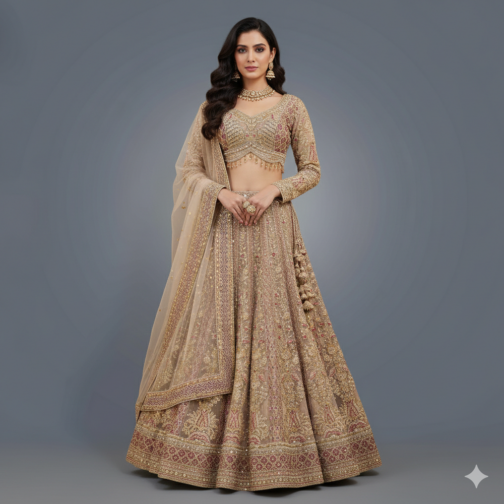Woman wearing a traditional embroidered Lehenga for wedding
