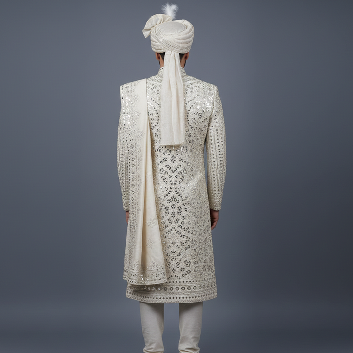Ivory Sherwani Set with allover Cutdana & Mirrorwork Embroidery | Premium Wedding & Groom wear