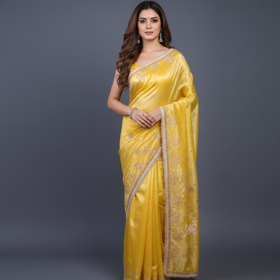 Sunehri Yellow Tissue Designer Handwork Saree