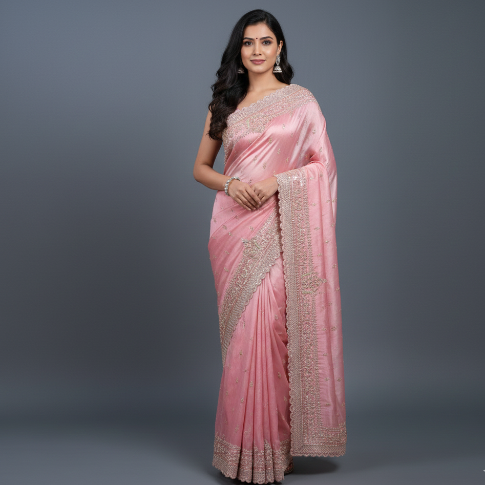 Soft Pink Crush Tissue Saree with Handwork Embroidery