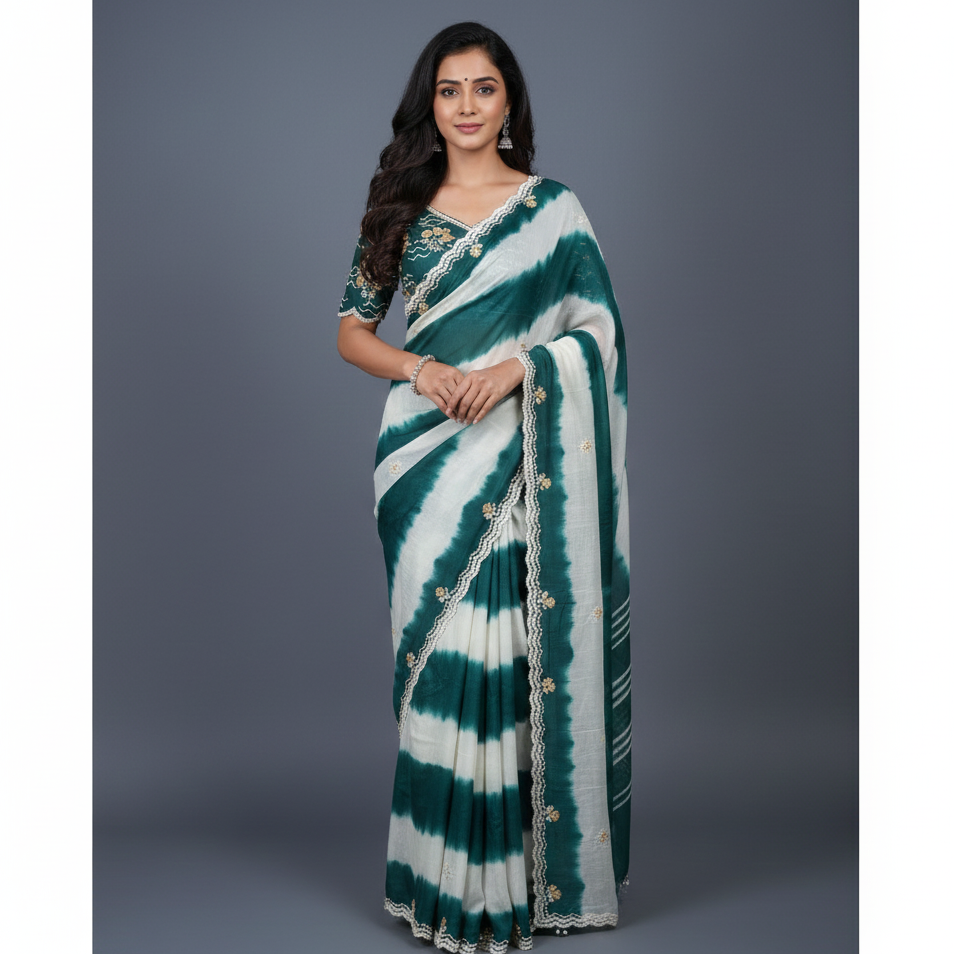 Bottle Green Leheriya Crepe Saree with Raw Silk Blouse