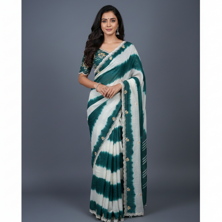 Bottle Green Leheriya Crepe Saree with Raw Silk Blouse