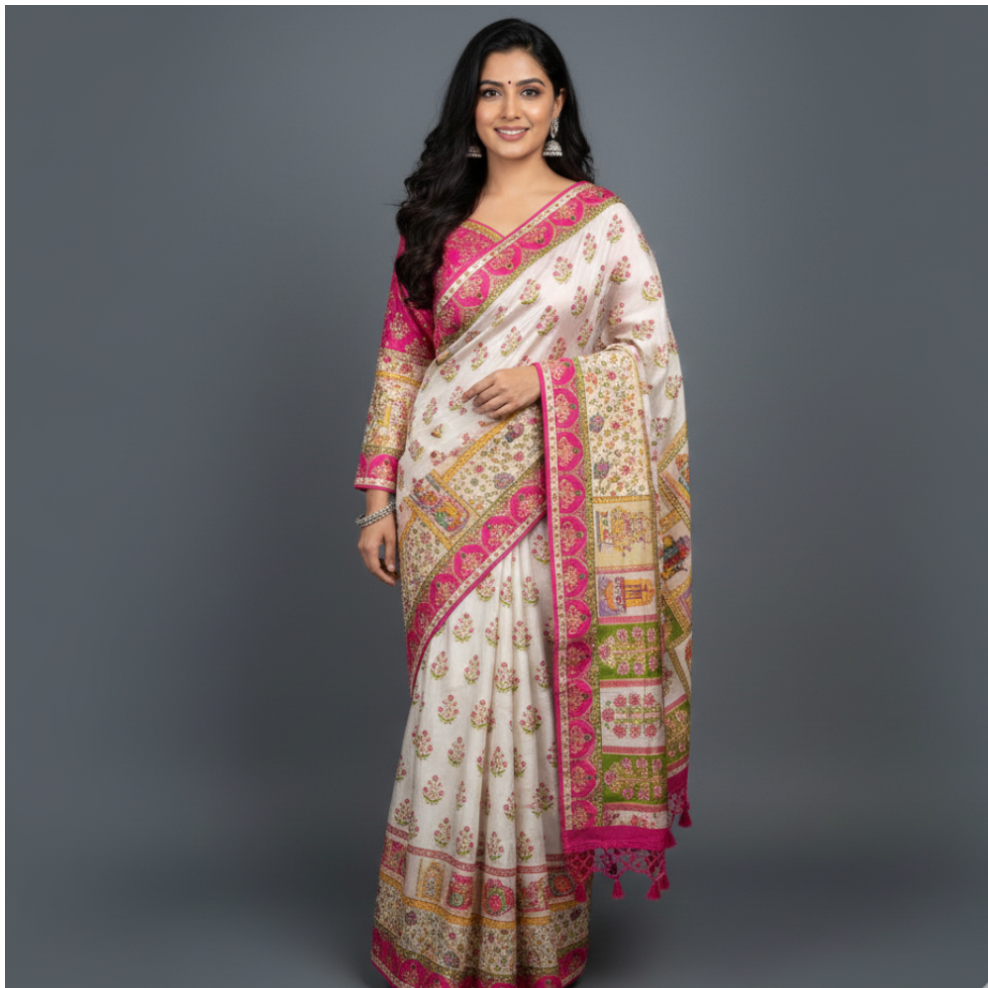 Noor-e-Gulab Ivory Pink Banarasi Saree with Embroidery Blouse