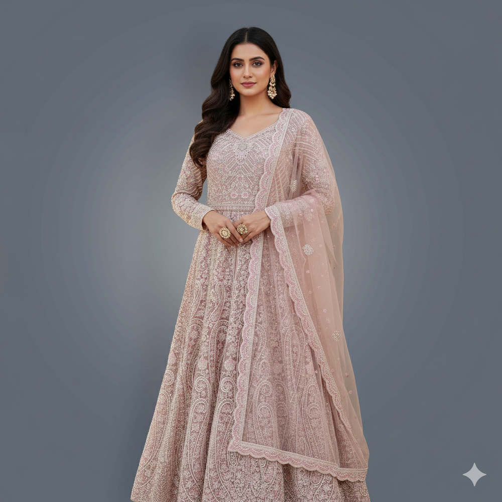 Woman wearing a anarkali dress with intricate patterns 