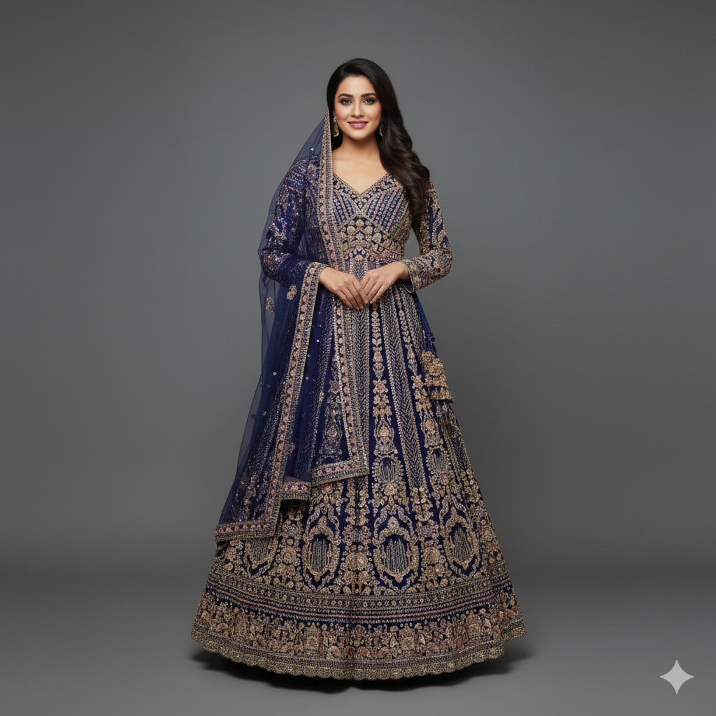 Royal Indigo Farshi Lehenga Set with Heavy Zari, Cutdana and Hand Embroidery