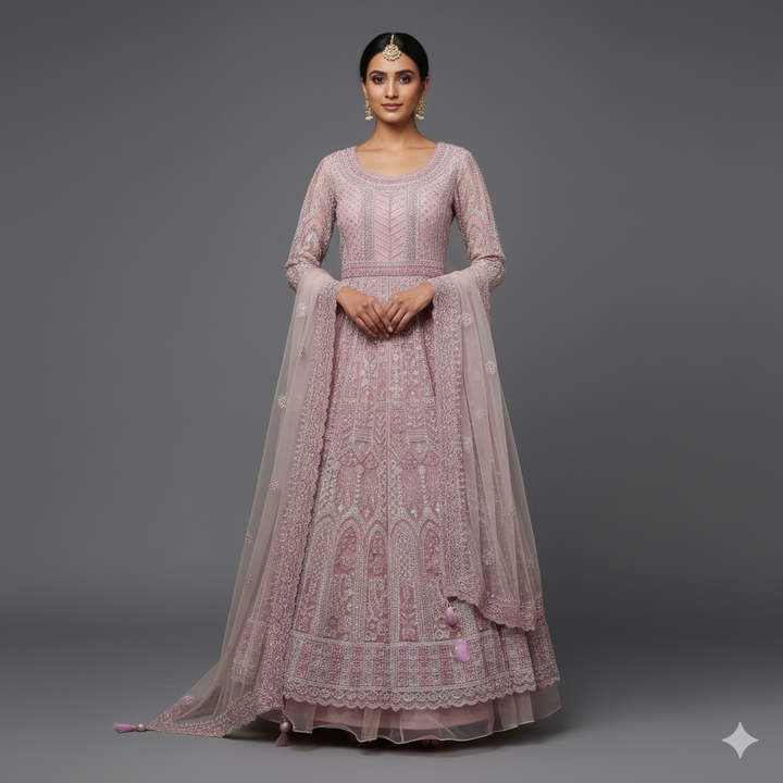 Woman wearing a pink embroidered anarkali wedding outfit 