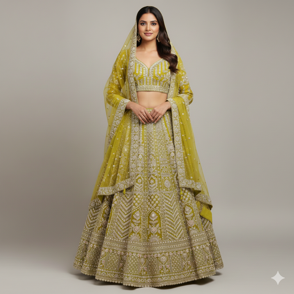 Lemon Yellow Lehenga Set with Silver Zari, Cutdana and Hand Embroidery