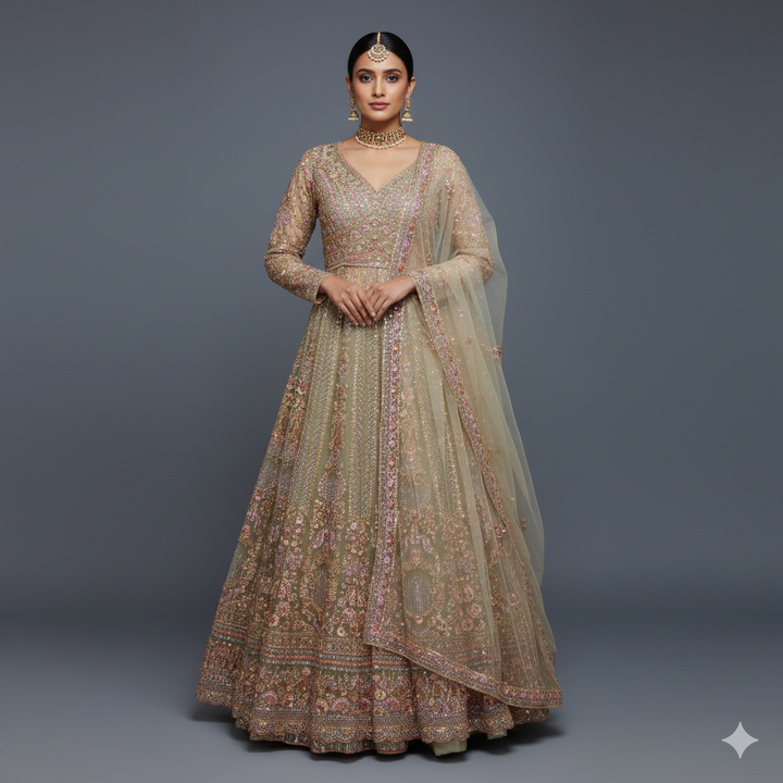Pastel Pistachio Bridal Lehenga Dress with Heavy Zari, Cutdana and Hand Embroidery